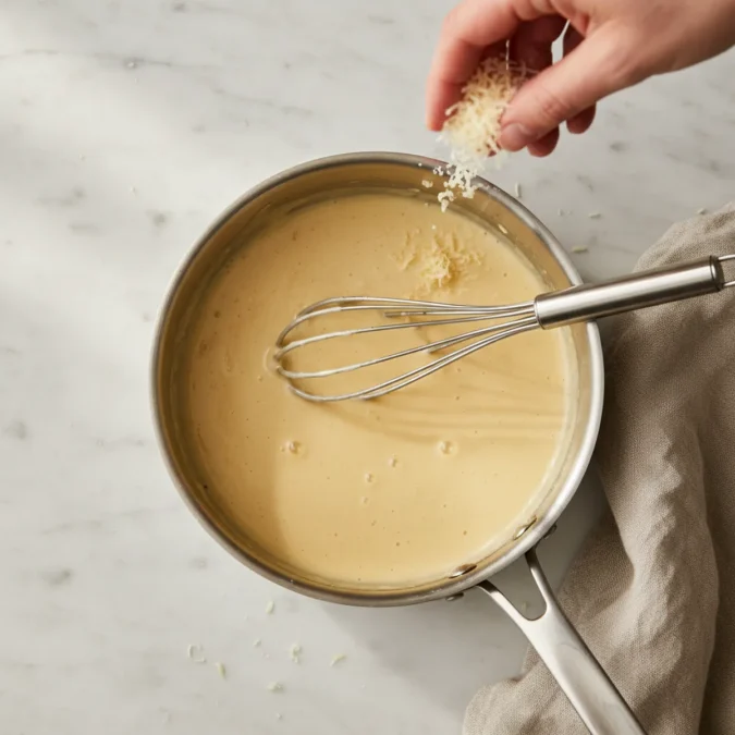 Creamy Mornay sauce simmering in a small stainless steel saucepan, with Gruyère cheese being whisked in.