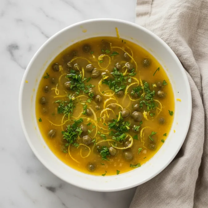 Homepage 4 Finished piccata sauce in a white ceramic bowl, garnished with parsley.