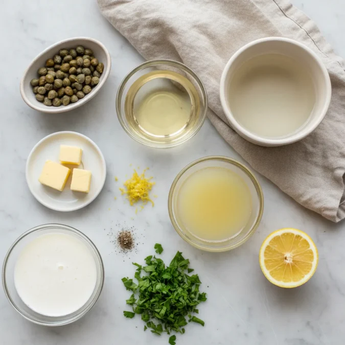 Piccata sauce ingredients: lemon halves, capers, butter, cornstarch slurry.