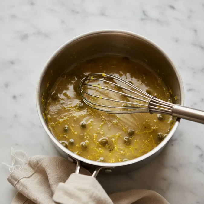Piccata sauce simmering in a stainless steel saucepan with a whisk.