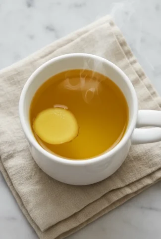 Warm golden turmeric morning tonic in a plain white ceramic mug with a ginger slice.