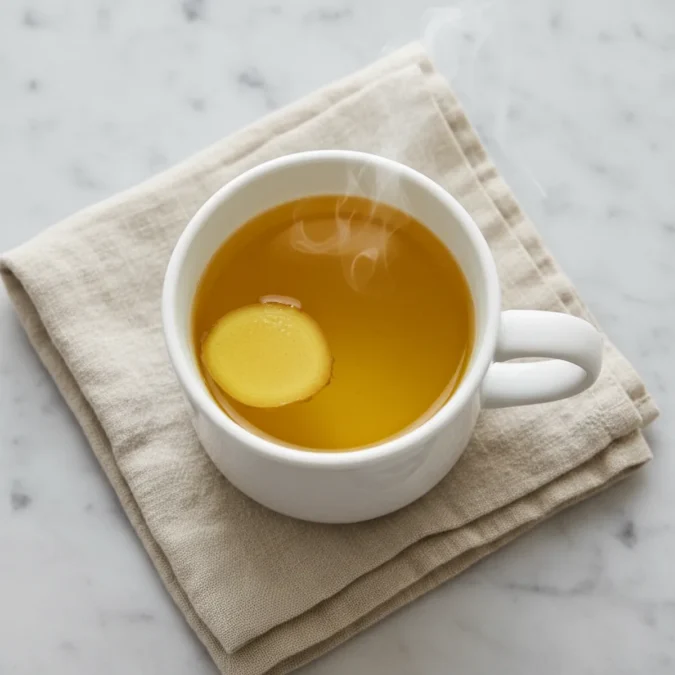 Homepage 6 Warm golden turmeric morning tonic in a plain white ceramic mug with a ginger slice.