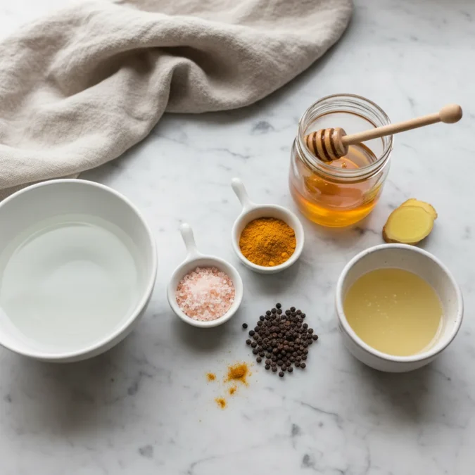 Himalayan pink salt, ground turmeric, fresh lemon juice, and ginger slice on a marble surface.