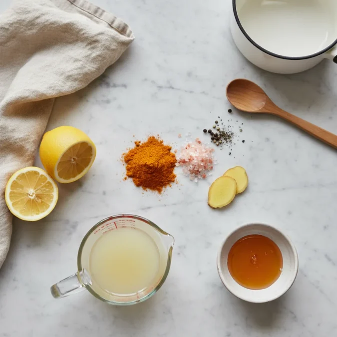 Himalayan pink salt, ground turmeric, fresh lemon, ginger slice, honey, and black pepper on a marble surface.