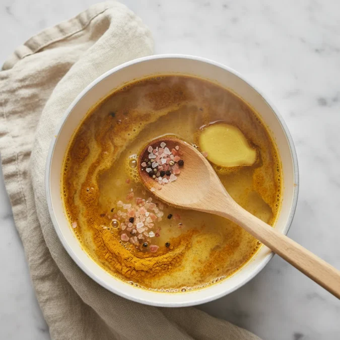 Turmeric tonic gently simmering in a white saucepan with ginger and pink salt.