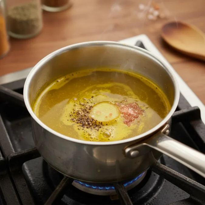 Morning tonic ingredients simmering gently in a small stainless steel saucepan.