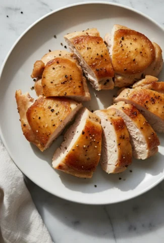 Sliced cooked chicken thighs with black pepper on a white plate.