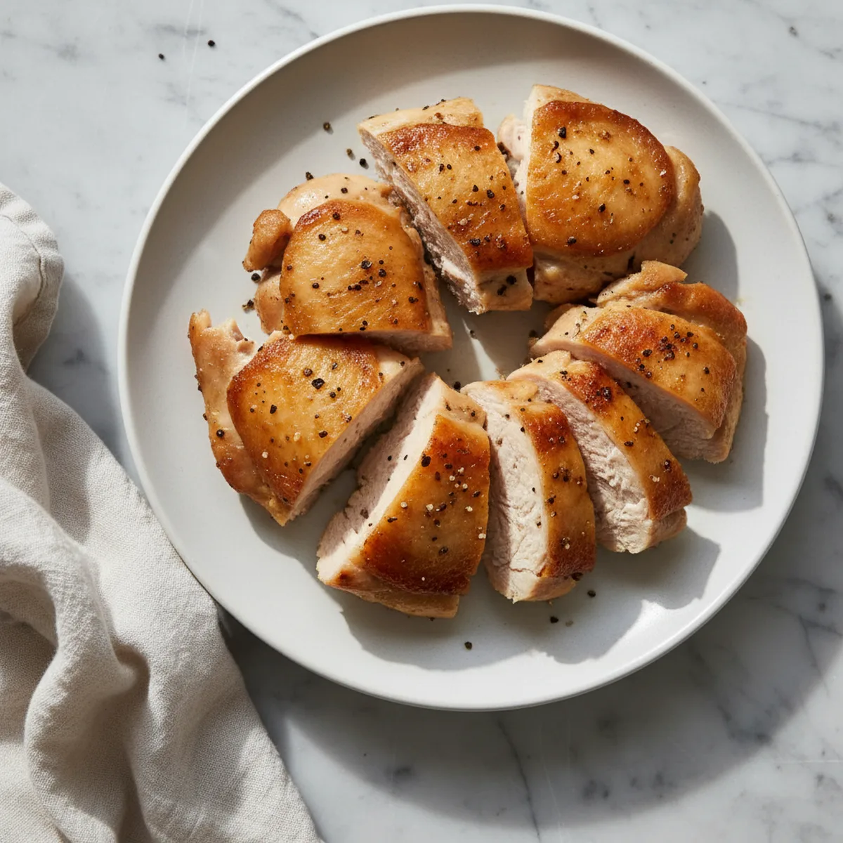 Pink Salt Trick Recipe: The 30-Minute Chicken Brine 4 Sliced cooked chicken thighs with black pepper on a white plate.