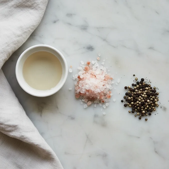 Pink Salt Trick Recipe: The 30-Minute Chicken Brine 2 Coarse pink Himalayan salt, neutral oil, and black pepper on a marble surface.