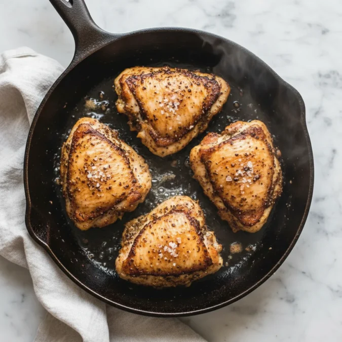 Pink Salt Trick Recipe: The 30-Minute Chicken Brine 3 Chicken thighs sizzling in a cast iron skillet with pink salt.