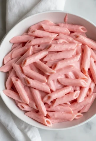 Finished pink penne pasta in a white ceramic bowl.