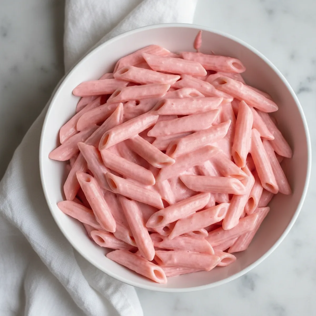 Finished pink penne pasta in a white ceramic bowl.