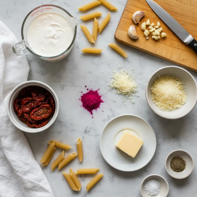 Heavy cream, sun-dried tomatoes, and parmesan cheese for pink pasta sauce.