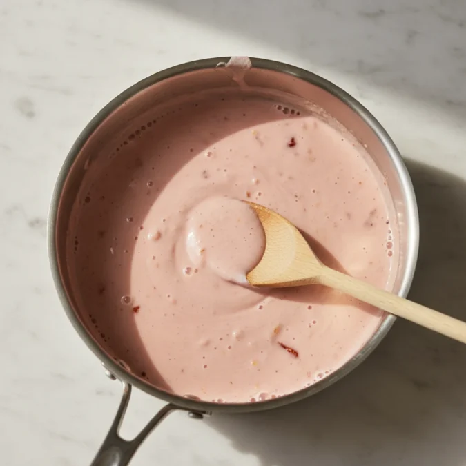 Pink pasta sauce gently simmering in a silver saucepan.