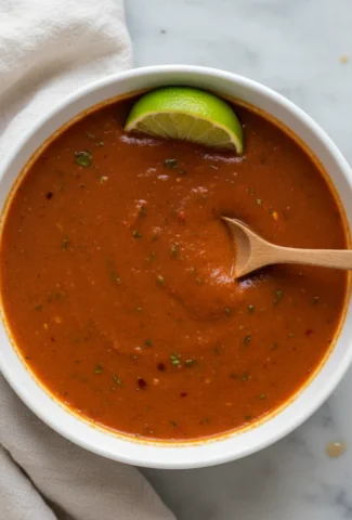 Smooth, vibrant Ranchero Sauce in a white ceramic bowl with a lime wedge.