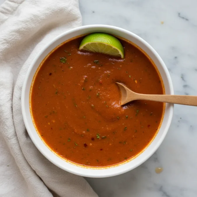 Homepage 1 Smooth, vibrant Ranchero Sauce in a white ceramic bowl with a lime wedge.