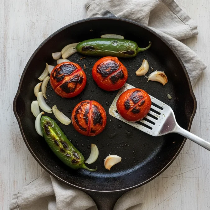 Charring Roma tomatoes, jalapeños, and onion in a cast iron skillet.