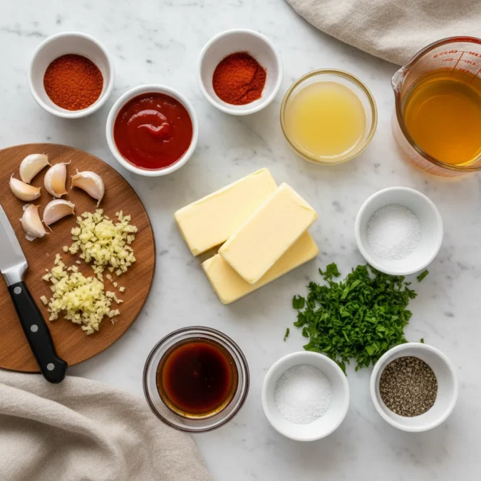 Unsalted butter, minced garlic, and various spices in small ramekins on a marble surface.