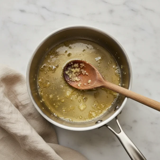 Melted butter and softened minced garlic gently simmering in a silver saucepan.