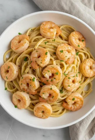 Shrimp in garlic butter cream sauce over pasta, garnished with parsley.