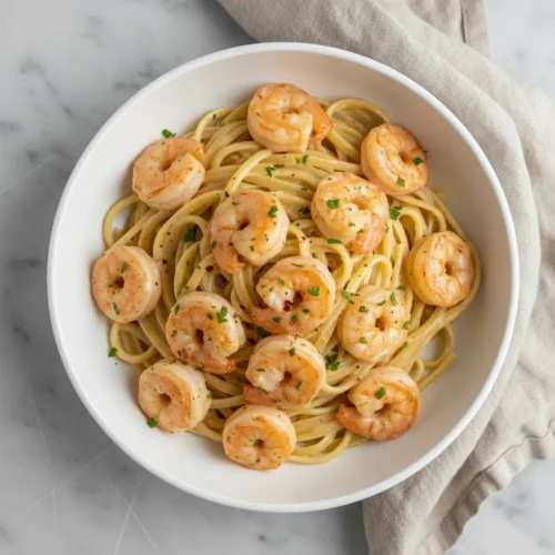 Homepage 13 Shrimp in garlic butter cream sauce over pasta, garnished with parsley.