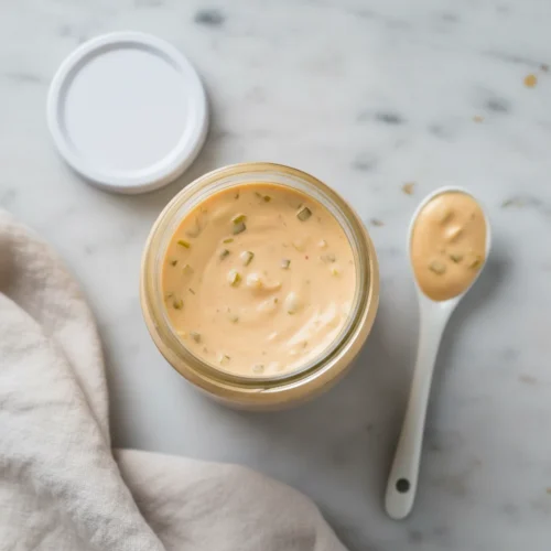 Finished smash burger sauce in a clear glass jar with a small spoon.