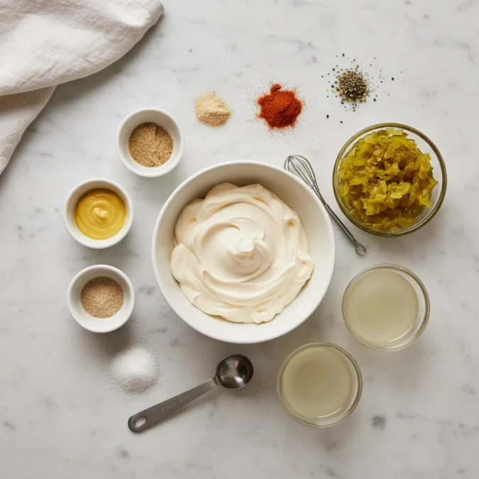 Ingredients for smash burger sauce including mayonnaise, relish, and various spices.