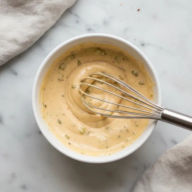 A small plain white ceramic bowl with smash burger sauce being whisked.