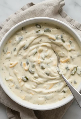 Finished sour cream enchilada sauce in a white ceramic bowl, ready to serve.