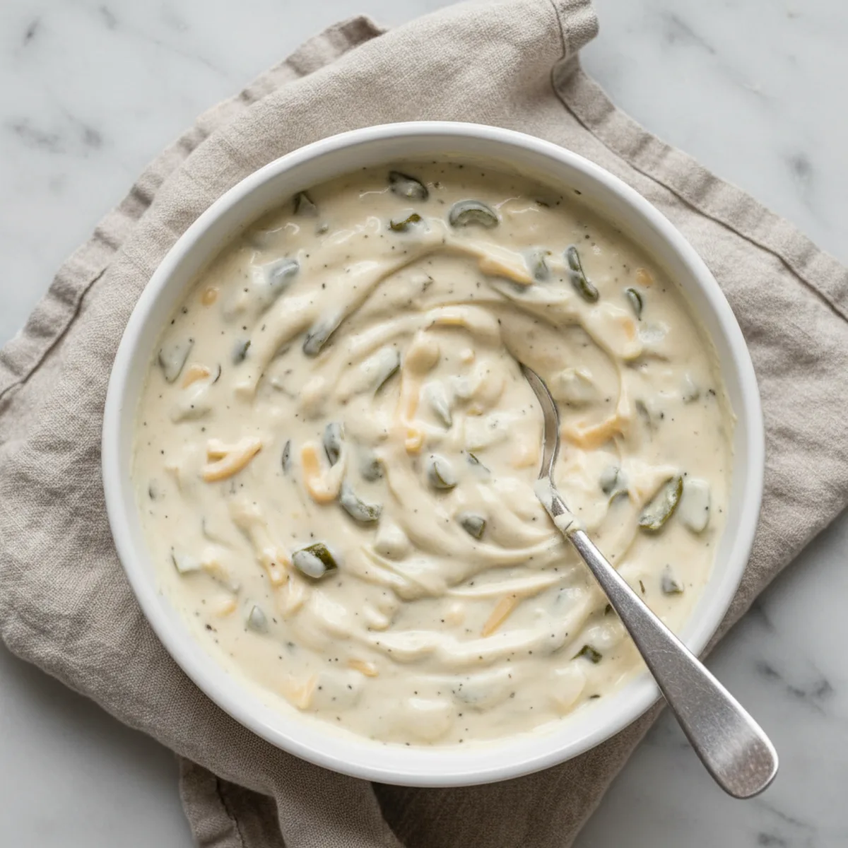 Finished sour cream enchilada sauce in a white ceramic bowl, ready to serve.
