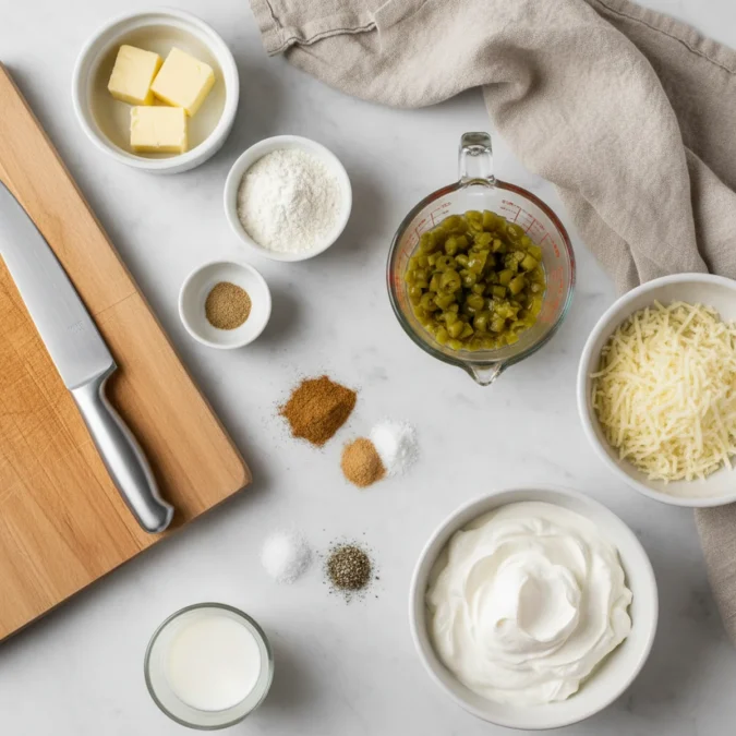 Ingredients for sour cream enchilada sauce, including grated Monterey Jack cheese and diced green chiles, on a marble surface.