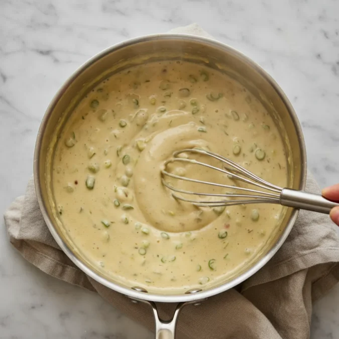 Sour cream enchilada sauce simmering in a silver saucepan with a whisk, showing green chiles.
