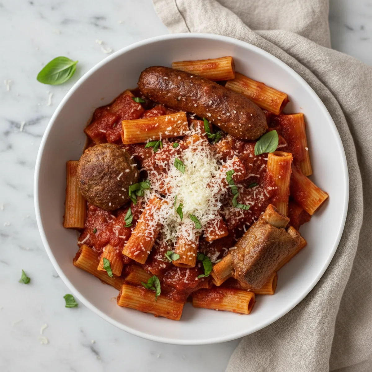 Finished Sunday Sauce with rigatoni, grated pecorino, and fresh basil in a white bowl.