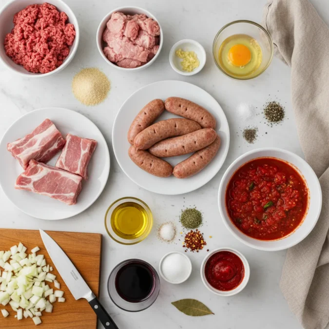 Prep ingredients for Sunday Sauce, including ground meats, spices, and chopped onion on a marble surface.