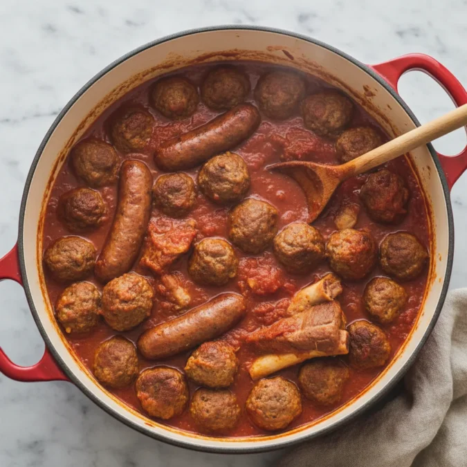 Sunday Sauce with meatballs, sausage, and ribs simmering in a red Dutch oven.