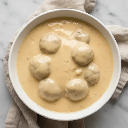 Homepage 13 Finished creamy Swedish meatball sauce in a plain white ceramic bowl.