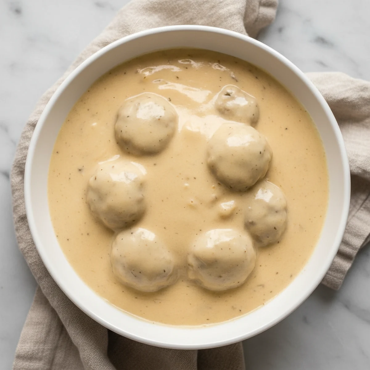 Swedish Meatball Sauce Recipe (Creamy & Ready in 10) 4 Finished creamy Swedish meatball sauce in a plain white ceramic bowl.