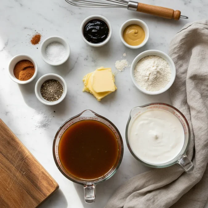 Swedish Meatball Sauce Recipe (Creamy & Ready in 10) 2 Ingredients for Swedish meatball sauce: butter, flour, beef broth, heavy cream, Worcestershire sauce, Dijon mustard, nutmeg, pepper, and salt.