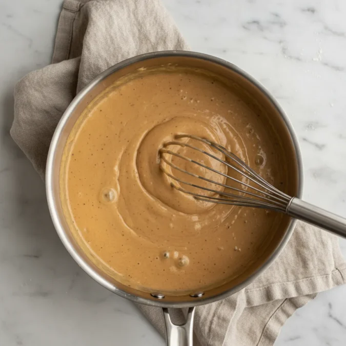 Swedish Meatball Sauce Recipe (Creamy & Ready in 10) 3 Swedish meatball sauce simmering in a stainless steel saucepan, being whisked.