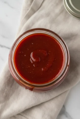 Finished homemade taco sauce in a clear glass jar.