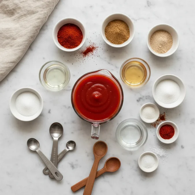 Taco Sauce Recipe: 5-Minute Blend That Beats the Store Bottles 2 Spices and liquids for taco sauce preparation, arranged on a marble surface.