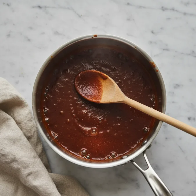 Taco Sauce Recipe: 5-Minute Blend That Beats the Store Bottles 3 Taco sauce simmering in a small saucepan, with a spatula.