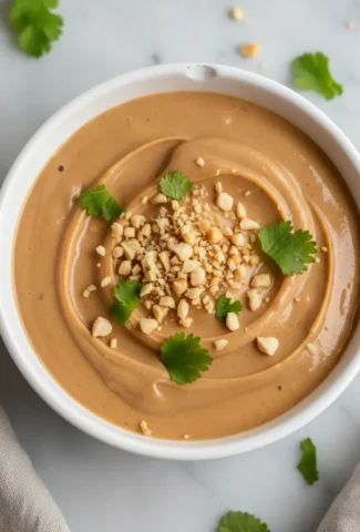 Finished Thai Peanut Sauce in a white ceramic bowl, garnished with crushed peanuts and chopped cilantro.
