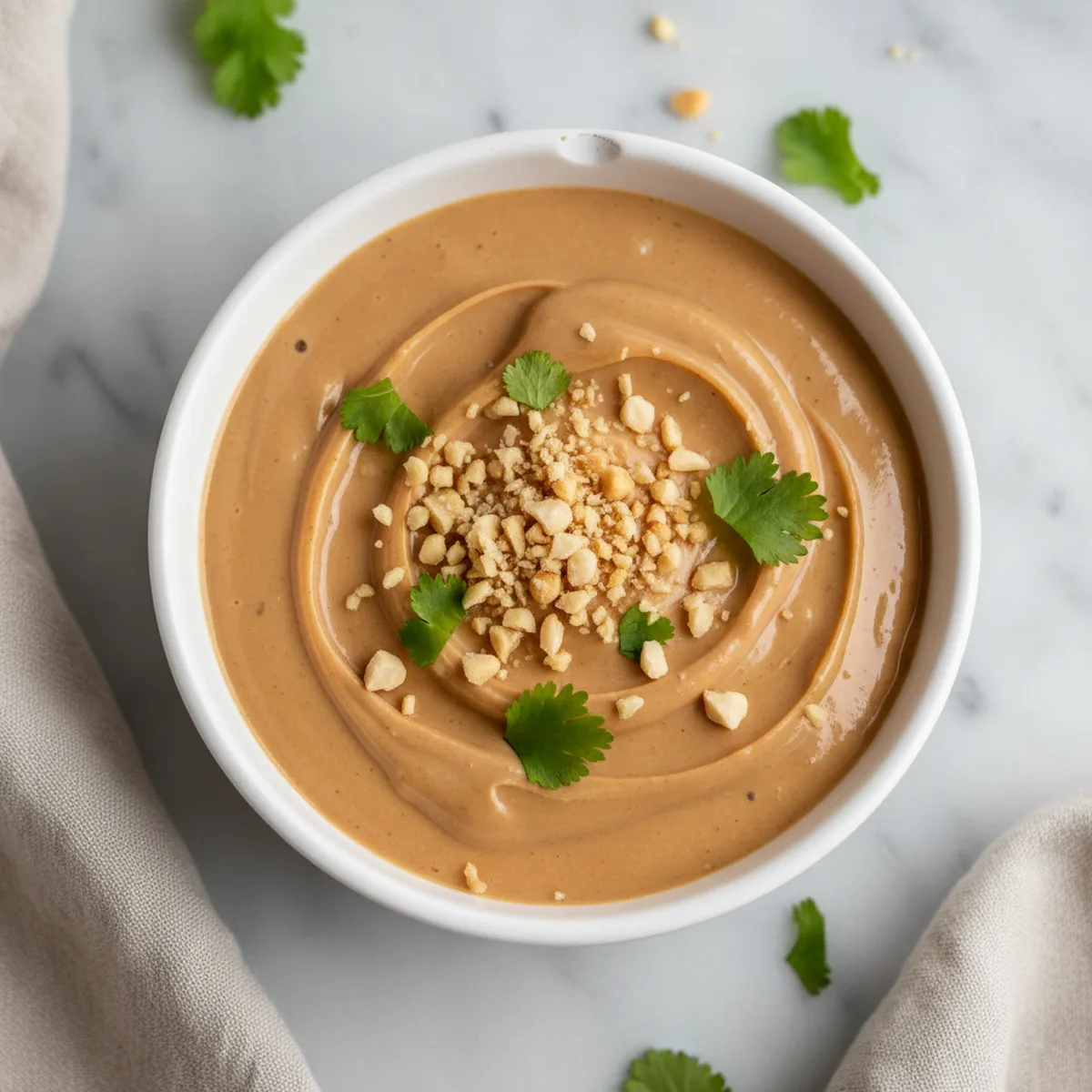 Finished Thai Peanut Sauce in a white ceramic bowl, garnished with crushed peanuts and chopped cilantro.