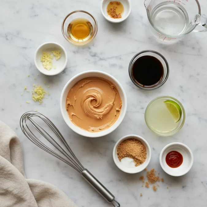 Ingredients for Thai Peanut Sauce: peanut butter, soy sauce, lime juice, brown sugar, sriracha, garlic, ginger, and sesame oil, in plain bowls on a marble surface with a whisk.