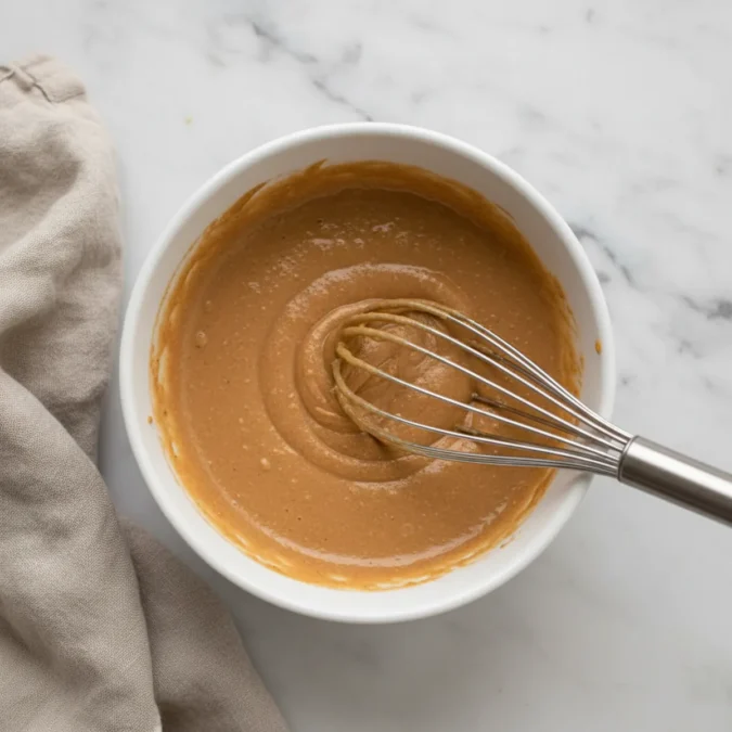 Thai Peanut Sauce being whisked into a thick, creamy paste in a plain white ceramic mixing bowl.