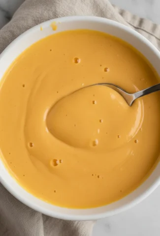 Creamy Velveeta cheese sauce in a white serving bowl with a spoon.