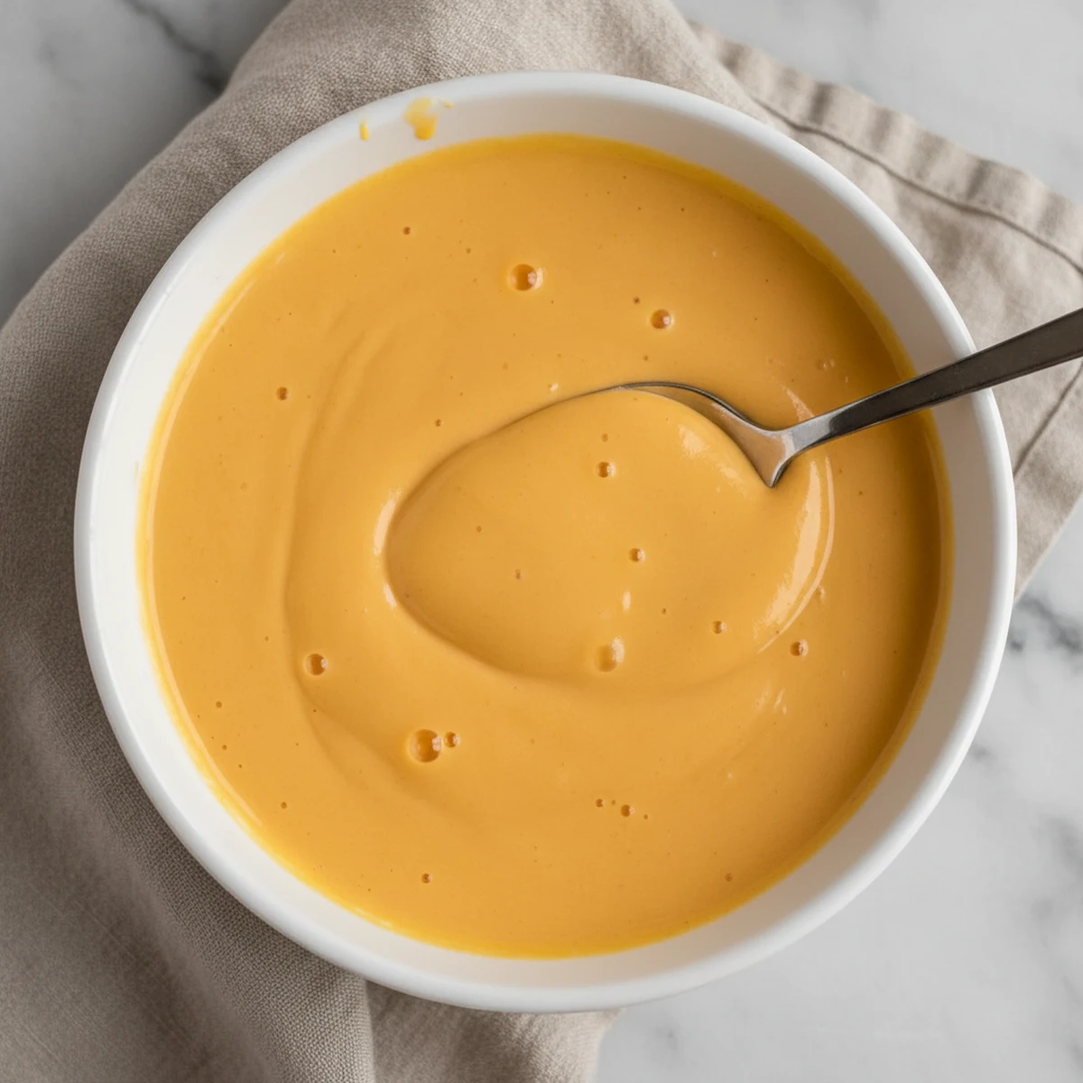 Creamy Velveeta cheese sauce in a white serving bowl with a spoon.
