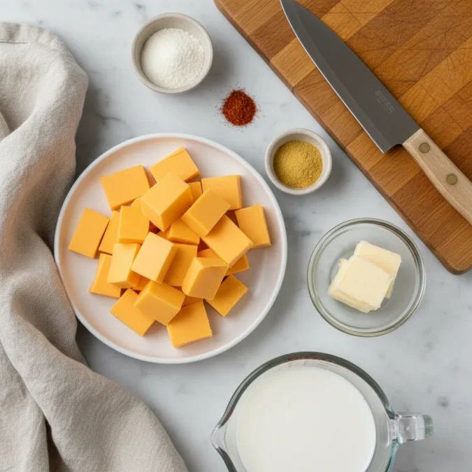 Cubed Velveeta cheese, butter, and spices prepped for sauce.