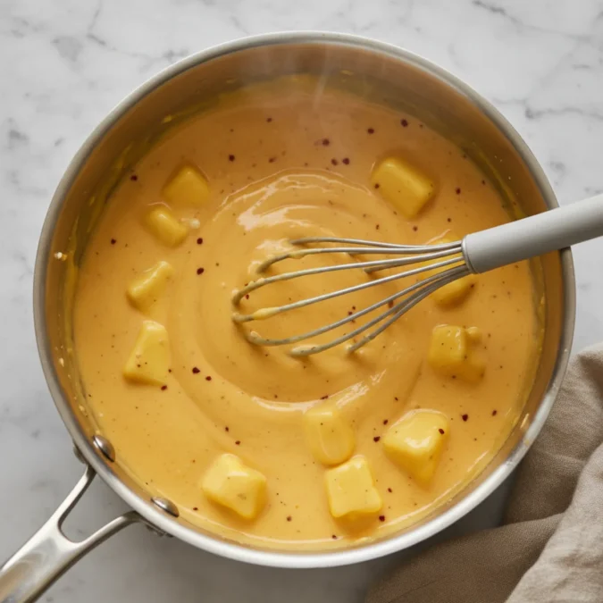 Velveeta cheese cubes melting in a saucepan with milk and spices.